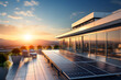 Sunset over modern building roof with photovoltaics and sun lounger ai generated art