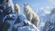 A pair of mountain goats precariously perched on a snowy cliff, their daring climb showcased in the winter wilderness.