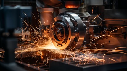 Wall Mural - Image of metal processing on a high-precision grinding machine.