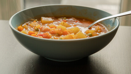 Wall Mural - Homemade vegetable soup close up view of vegan healthy soup in a bowl