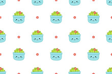 Blue Pots With Cactuses On Seamless Pattern. Squishmallow. Cactus, Plant. Kawaii, Vector