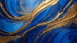 Cobalt blue liquid abstract marbled background with golden wavy lines. Abstract horizontal image for business banner, formal backdrop, prestigious voucher, luxe invite