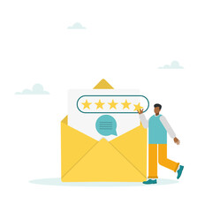 The guy character gives feedback to the customer service agent, gives a star to show the satisfaction rating, and fills out a survey form. Vector illustration.
