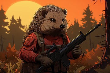  a raccoon holding a rifle in front of a forest with the sun setting in the background and trees in the foreground.