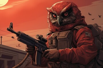 Wall Mural -  an owl is holding a rifle in front of a red sky with a bird on top of it and a building in the background.