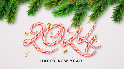 Wall Mural - 2024 Happy new year. Candy Cane Numbers Design of greeting card of Falling Shiny Confetti. Happy New Year Banner with spruce branches and sweet caramel.