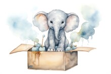 Cartoon Watercolor Elephant Character With Balloons On White Background