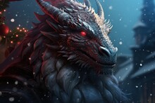  A Close Up Of A Dragon With Red Eyes In Front Of A Christmas Tree With Snow Falling Down On It.