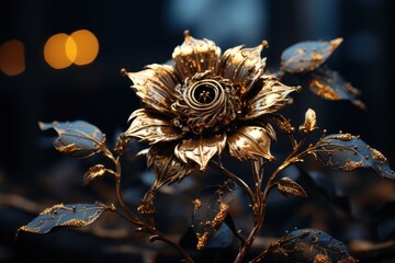  a close up of a gold colored flower on a black background with a blurry light in the back ground.