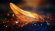 Image Of A Gilded Feather Adorned With Tiny Dewdrops.