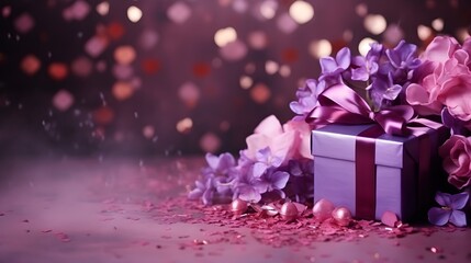 Wall Mural - Festive present gift box with pink and purple flower petals festive decorations. Abstract background with copy space.