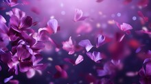 Abstract Purple And Pink Lilac Flower Petals Flying In The Air. Summer Minimal Floral Background.