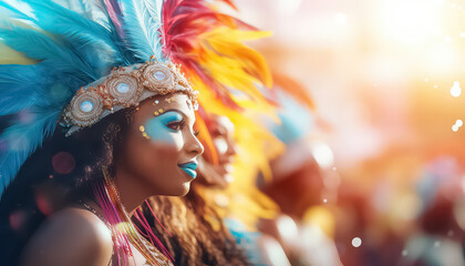 Wall Mural - Portrait of a woman with makeup and feathers on her head, a participant in the Brazilian parade ,concept carnival