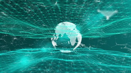 Poster - Abstract Tech Earth Globalization in 3d Motion Graphic. Concept Transmit Ai Networking on Fiber Optic. Transfer 5g Web Communications Signal on Worldwide. Global Business Dots on Rotating Blue Planet