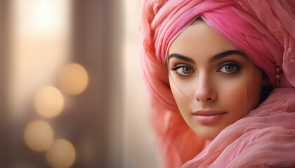 Wall Mural - Young woman wears pink turban world cancer day concept