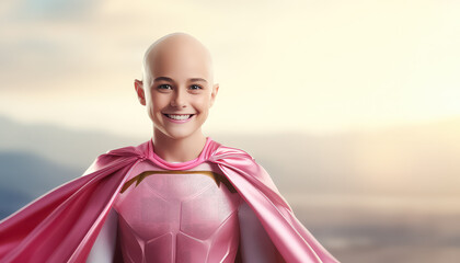 Wall Mural - Young girl in pink superhero costume world cancer day concept