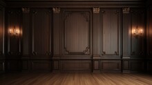 Classic Premium Luxury Wood Paneling Wall Background Or Texture. Highly Crafted Traditional Wood Paneling Wall And Floor, With A Frame And Column Pattern
