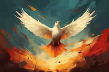 White dove in fire in the war. World peace day. Stop war in Ukraine. Peace crisis, no war, equality and love concept. Hiroshima Day. Background for banner, slogan, card, poster