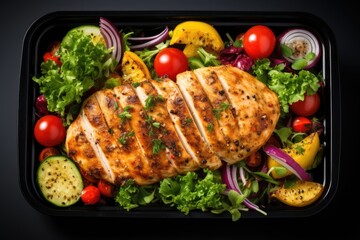 Wall Mural - Grilled chicken breast fillet and fresh vegetable salad in dark plate on black background