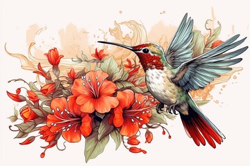 Sticker - Beautiful tropical bird on exotic flowers in vintage style, hummingbirds on white background. Elegant tattoo design