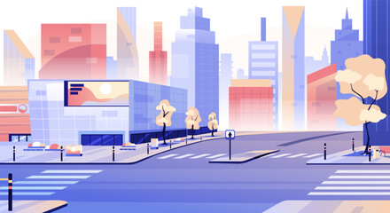 City street landscape. Downtown cityscape with houses, modern skyscrapers and crossroads. Building facade architecture. Urban life. Cartoon flat vector illustration