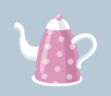 Tea Party Icon. Sticker With Pink Polka Dot Teapot. Kettle For Making Hot Drinks. Ceramic Utensils For Boiling Water For Tea And Coffee. Cartoon Flat Vector Illustration Isolated On Gray Background