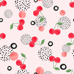 Wall Mural - Seamless cherry pattern. Vector abstract background with watercolor berries