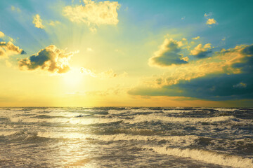 Seascape in the early morning. Sunrise over the sea. Nature landscape