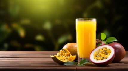 Passion fruit juice with ice in cafe or restaurant is a healthy drink on wooden table background with copy space for text