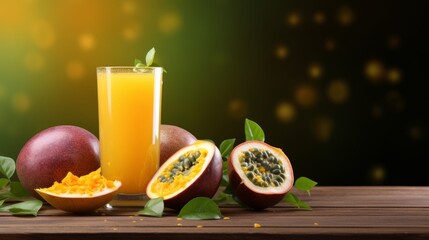 Passion fruit juice with ice in cafe or restaurant is a healthy drink on wooden table background with copy space for text