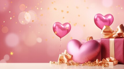 Poster - Happy valentines day banner. Pink and gold hearts foil balloons with gifts on pink bokeh Valentines Day background. Romantic banner with Copy Space.