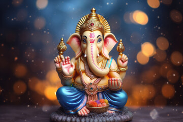 Hindu Lord Ganesha with blurry beautiful and colorful decorative background, Ganesha Ganpati statue, Ganesha festival, Hindu lord concept.