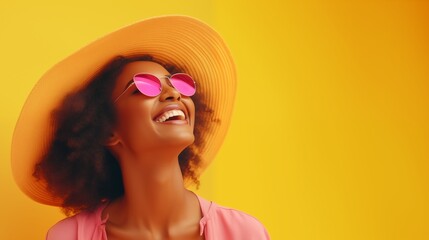 Wall Mural - Happy optimistic African American woman in colorful pink clothes laughing isolated on yellow background