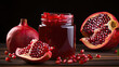 a jar of pomegranate jam and pomegranate fruit on wooden table with black background