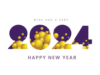 Poster - Paper Cut Style 2024 Number with Glossy Golden Bubbles on White Background For Happy New Year Celebration.