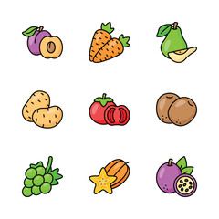 Wall Mural - Creatively designed fruit and vegetable icons set, isolated on white background