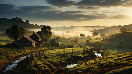 Wall Mural - the panorama of a summer landscape with sunrise, fog and the river.