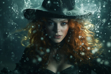 Wall Mural - beautiful fantasy character sorceresss on halloween night water spell ritual generative ai