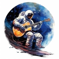 Wall Mural - watercolor astronaut playing guitar on a white background. Generative AI