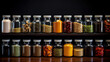 different types of spice in glass jars on a table and black background