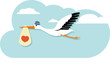 A stork carrying a baby in its beak, a child to the family. The stork brought you a child. Vector, cartoon illustration of a stork with a baby. Vector.