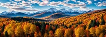 Beautiful Panorama Of Autumn Alpine Mountains And Forest In The Foreground. Generative Ai.