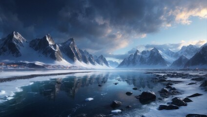 Canvas Print - Winter morning landscape with mountains, snow, and reflection in water
