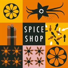 Spices Abstract Vector Pattern. Cinnamon Stick, Vanilla, Dried Orange Slices, Cloves, And Brown Anise Flower. Simple, Geometric, Modern Style. Abstract Background For Poster, Menu, Cafe, Spice Shop.