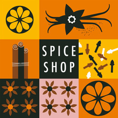 Spices abstract vector pattern. Cinnamon stick, vanilla, dried orange slices, cloves, and brown anise flower. Simple, geometric, modern style. Abstract background for poster, menu, cafe, spice shop.