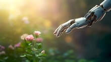 AI Robot Reach Hand To Touch Pink Flower With Green Nature Blurred Background Bokeh Lights, Artificial Intelligence Machine In Flower Garden. Science Cyber Innovation Technology With Beautiful Nature.