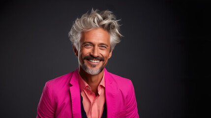 Happy elderly fashion model with grey full hair, mature and happy smiling man in colorful close-up portrait | Generative AI