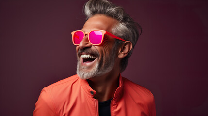 happy elderly fashion model with grey full hair, mature and happy smiling man in colorful close-up p