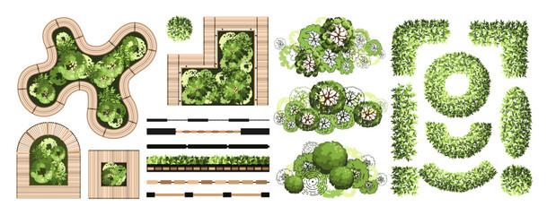 Top view elements for the landscape design plan. Trees, fences, and benches for architectural floor plans. Maze garden. Various trees, bushes, and shrubs. Vector illustration.