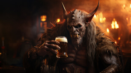 Wall Mural - Tired demon enjoining a glass of beer in hell